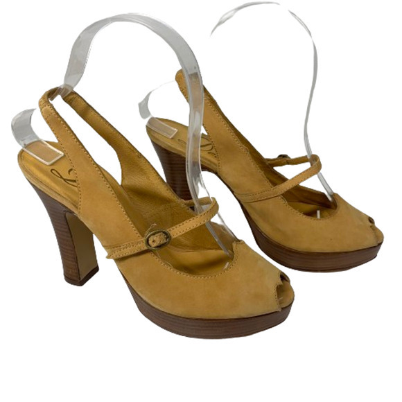 DELMAN Tan Leather Peep-Toe Platform‎ Heel Slingback Sandals - Picture 5 of 13